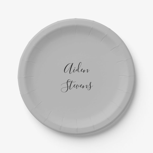 Stylish Simple Plain Grey Minimalist Calligraphy Paper Plate (Front)