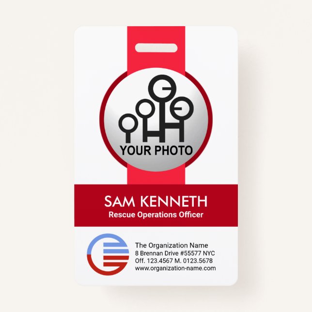 Stylish Simple Red Stripes Photo Template Staff ID ID Badge (Front)