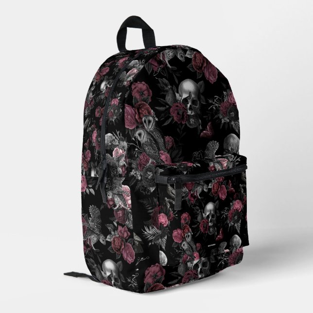 Stylish Skull Rose Owl Burgundy Pink Gothic Printed Backpack (Back Corner Left)