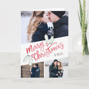Stylish Slant Watercolor Merry Christmas 3-Photo Card