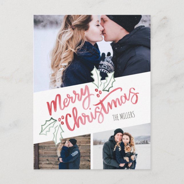 Stylish Slant Watercolor Merry Christmas 3-Photo Holiday Postcard (Front)