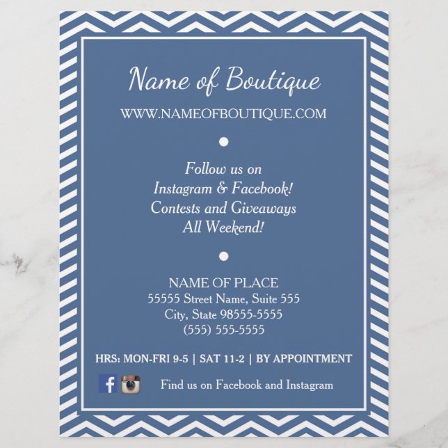 Stylish Slate Blue Chevrons Boutique Events Flyer (Front)