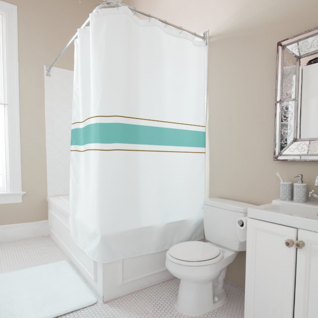 Stylish Sleek Teal Brown Racing Stripes On White Shower Curtain (In Situ)