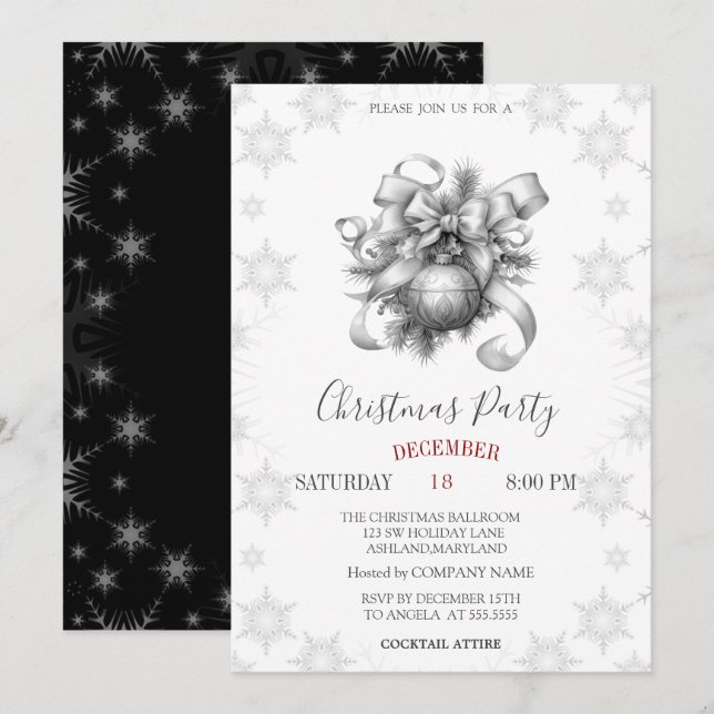 Stylish Snowflakes, Balls Company Christmas Invitation (Front/Back)