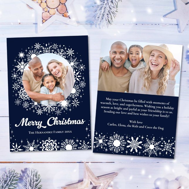 Stylish Snowflakes Navy 2 Photo Family Christmas Holiday Card (Stylish Snowflakes Navy 2 Photo Family Christmas Holiday Card)