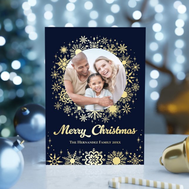 Stylish Snowflakes Navy Photo Family Christmas Foil Holiday Card (Stylish Snowflakes Navy Photo Family Christmas Foil Holiday Card)