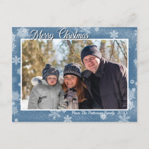 Stylish Snowflakes on Blue Merry Christmas Photo Postcard