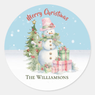 Stylish Snowman (Lady) Watercolor Christmas Tree Classic Round Sticker