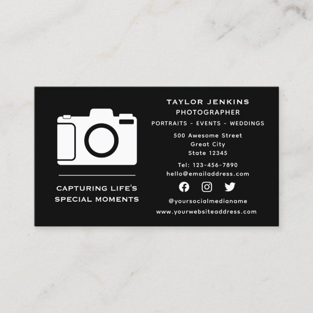 Stylish Social Media Camera Freelance Photographer Business Card (Front)