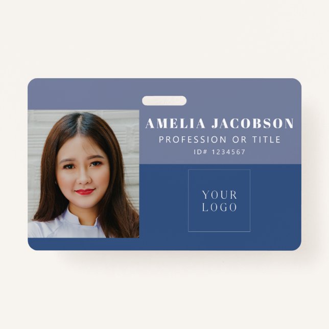 Stylish Solid Blue Purple Employee Photo ID Logo ID Badge (Front)