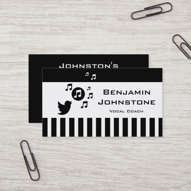 Stylish Songbird Black White Personalised Stripes Business Card (Front/Back In Situ)