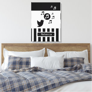 Stylish Songbird Black White Personalised Stripes Canvas Print
