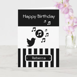 Stylish Songbird Black White Personalised Stripes Card