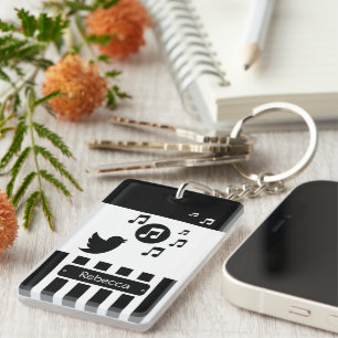Stylish Songbird Black White Personalised Stripes Key Ring