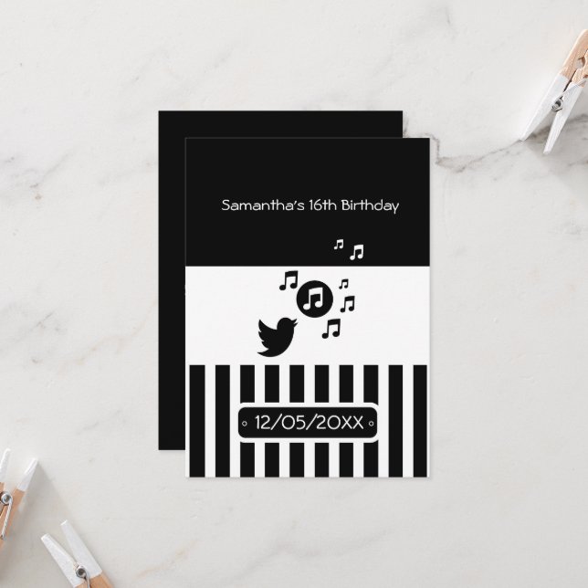 Stylish Songbird Black White Stripes Birthday Invitation (Front/Back In Situ)