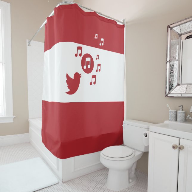 Stylish Songbird Red and White Shower Curtain (In Situ)