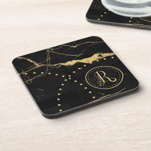 Stylish Sophisticated Black & Gold, Decorative R, Coaster