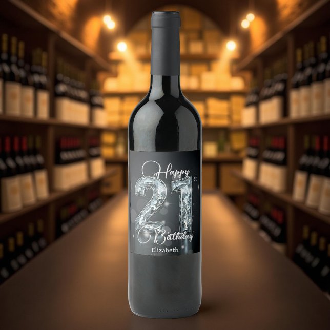 Stylish Sparkling Diamond-Encrusted 21st Birthday Wine Label (Creator Uploaded)