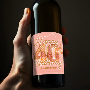 Stylish Sparkling Soft Pink & Gold 40th Birthday Wine Label