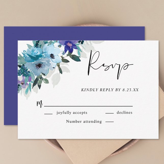 Stylish spring dusty blue purple floral wedding  RSVP card (Creator Uploaded)