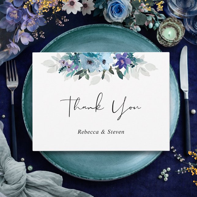 Stylish spring dusty blue purple floral wedding  thank you card (Creator Uploaded)