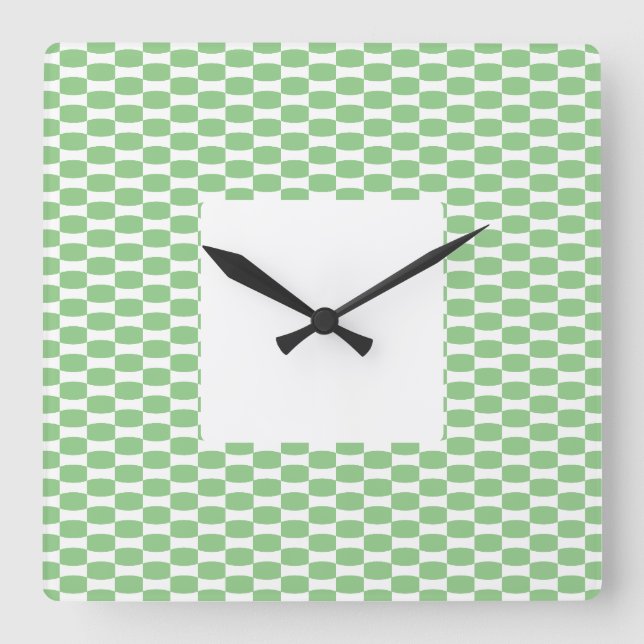 Stylish Square Light Green White Tiled Geo Pattern Wall Clock (Front)
