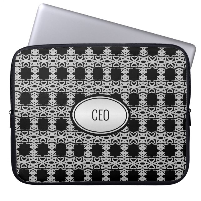 Stylish Square Pattern in Black and Silver Laptop Sleeve (Front)