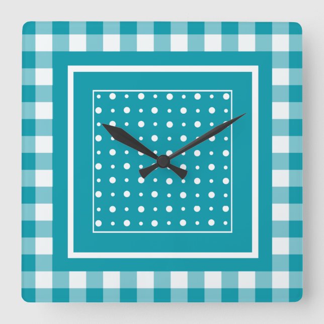 Stylish Square Wall Clock, Teal Check Gingham Clock (Front)