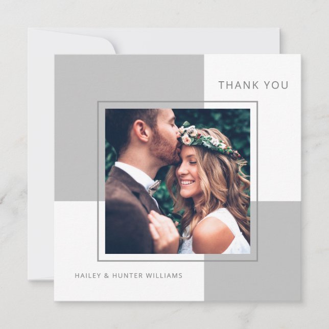 Stylish Square Wedding Thank You with Photo Card (Front)