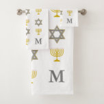 Stylish Star of David Menorah Jewish Monogram Bath Towel Set<br><div class="desc">Stylish, monogrammed Jewish-themed bath towel set, showing faux gold and silver STAR OF DAVID and MENORAH in a tiled pattern against a white background. The bottom right hand corner has a CUSTOMIZABLE MONOGRAM so you can add your own initial. Ideal for Hanukkah and other Jewish-themed home decor. Choose from a...</div>