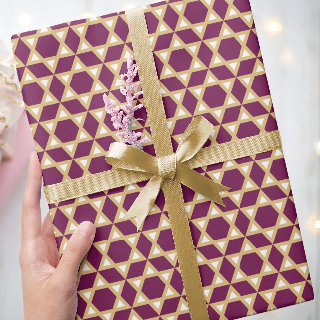 Stylish Star of David Pattern Plum White Gold Wrapping Paper (Creator Uploaded)