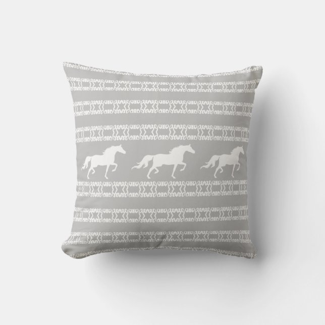 Stylish star pattern & horses in grey & white cushion (Front)