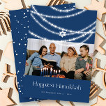 Stylish Star With Sparkling Lights Hanukkah Photo Holiday Card<br><div class="desc">Stylish strands of sparkling, magical and glowing white festive lights on a dark blue background decorate this whimsical and unique Hanukkah photo holiday card. A single star of david ornament hangs in the centre. Designed / original artwork by fat*fa*tin. Easy to personalise with your own text message, family name, year,...</div>