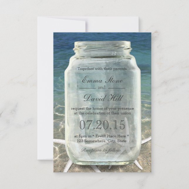 Stylish Starfish & Mason Jar Blue Beach Wedding Invitation (Front)