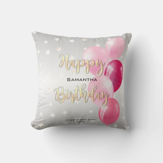 Stylish Starry Happy Birthday and Pink Balloons Cushion (Front)