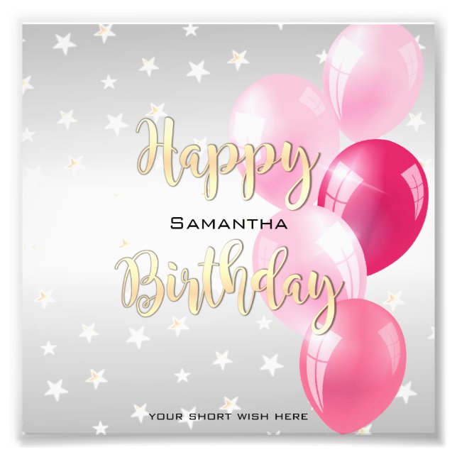 Stylish Starry Happy Birthday and Pink Balloons Photo Print (Front)