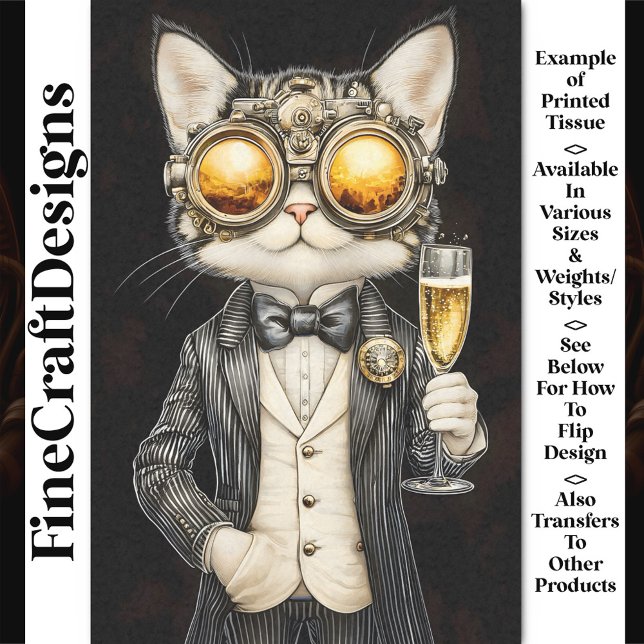 Stylish Steampunk Cat + Champagne AG9 Decoupage Tissue Paper (Creator Uploaded)