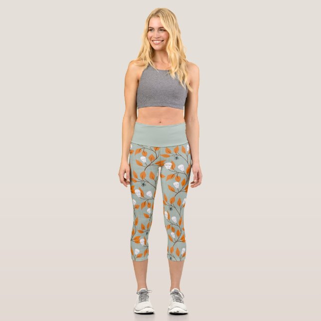 Stylish steampunk skulls & spiders trailing vines capri leggings (Front)
