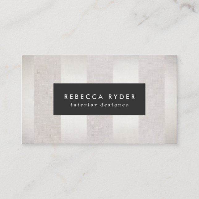 Stylish Striped Faux Silver and Linen Beige Business Card (Front)