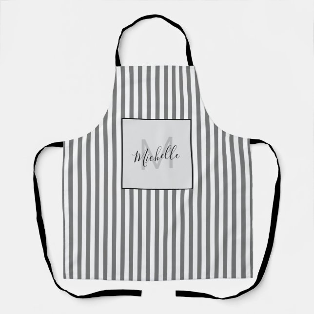 Stylish Striped Grey Monogram Apron (Front)