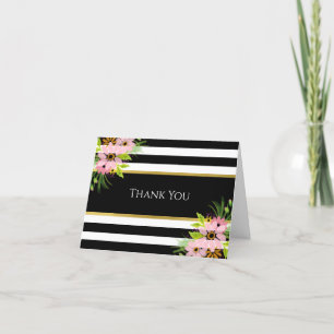 Stylish Striped Pink Floral & Gold   Custom  Thank You Card