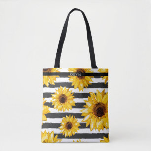 Stylish Striped   Sunflower Floral Tote Bag