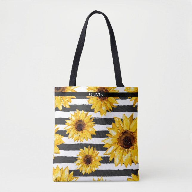 Stylish Striped | Sunflower Floral Tote Bag (Front)