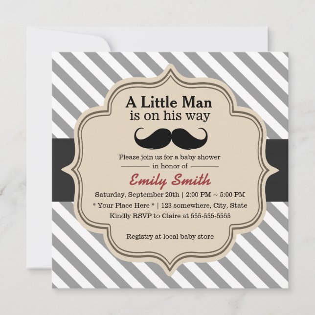 Stylish Stripes Moustache Little Man Baby Shower Invitation (Front)