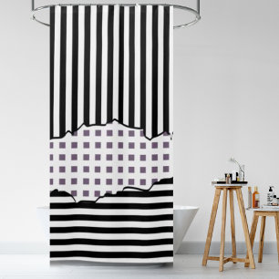 Stylish Stripes, Net Black, White, Purple Layered  Shower Curtain