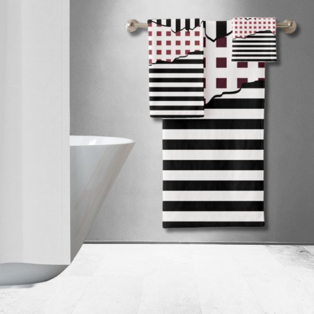 Stylish Stripes Net Black, White, Red Layered Bath Towel Set (Stylish Stripes Net Black, White, Red Layered Bath Towel Set)