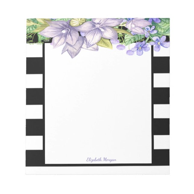 Stylish Stripes, Watercolor Flowers- Personalised Notepad (Front)