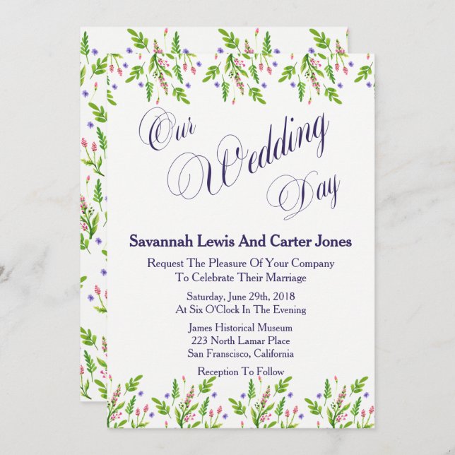 Stylish Summer Flowers Wedding Invitation (Front/Back)