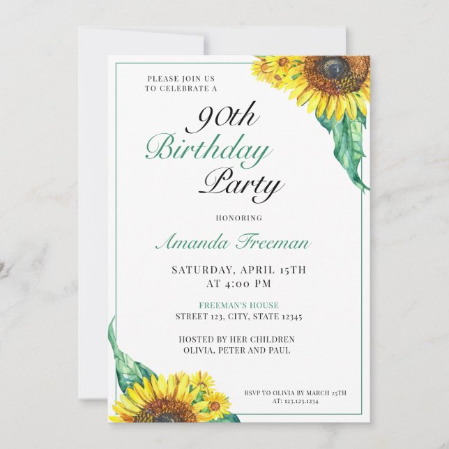 Stylish Sunflower 90th Birthday Invitation (Front)