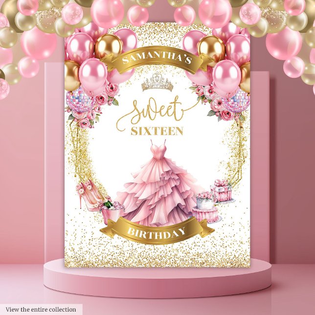 Stylish Sweet 16 Backdrop Pink Dress Gold Tiara Tapestry (Stylish Sweet 16 Backdrop Pink Dress Gold Tiara)